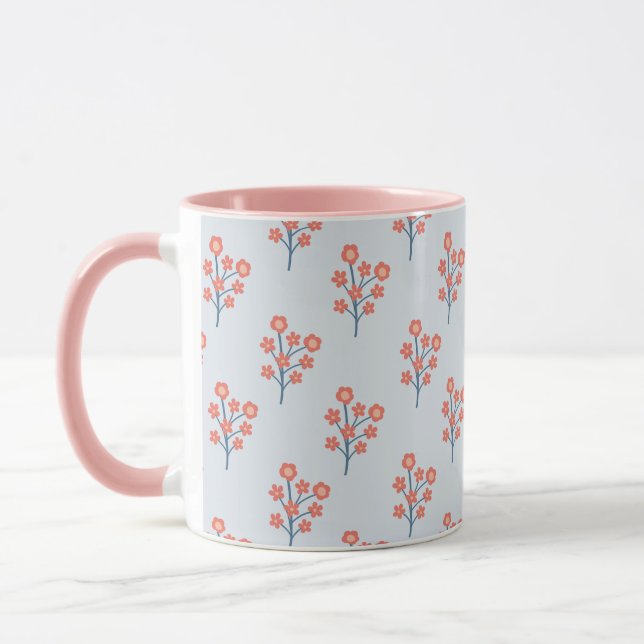 Coral Blossom Sprigs on Misty Blue Pattern  Mug (Left)