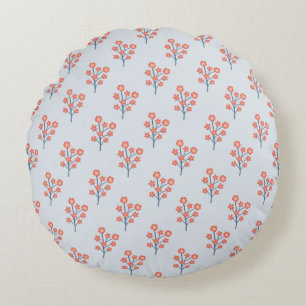 Coral Blossom Sprigs on Misty Blue Pattern Round Cushion