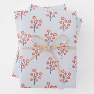 Coral Blossom Sprigs on Misty Blue Pattern Wrapping Paper Sheet