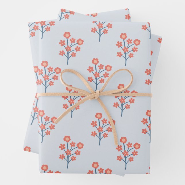 Coral Blossom Sprigs on Misty Blue Pattern  Wrapping Paper Sheet (In situ)