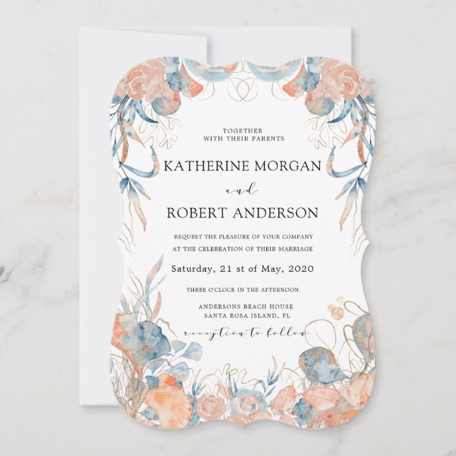 coral blue airy floral romantic Wedding Invitation (Front)
