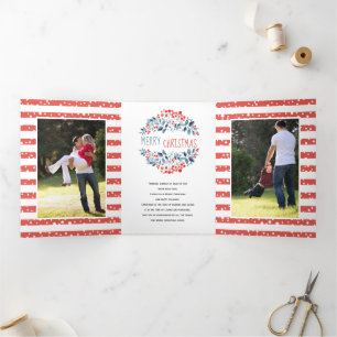 Coral blue berries Christmas holiday photo collage Tri-Fold Holiday Card