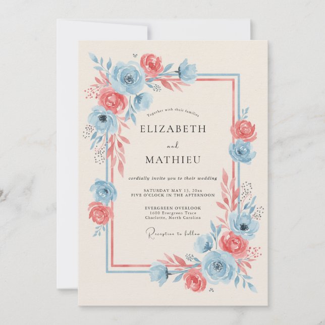 Coral Blue Blooming Romance Wedding Invitation (Front)