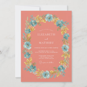 Coral Blue Blossom Arch Wedding Invitation