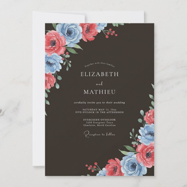 Coral Blue Botanical Spring Wedding Invitation (Front)