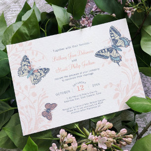 Coral blue butterflies inked art photo wedding invitation