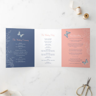 Coral blue butterfly love story wedding Tri-Fold programme
