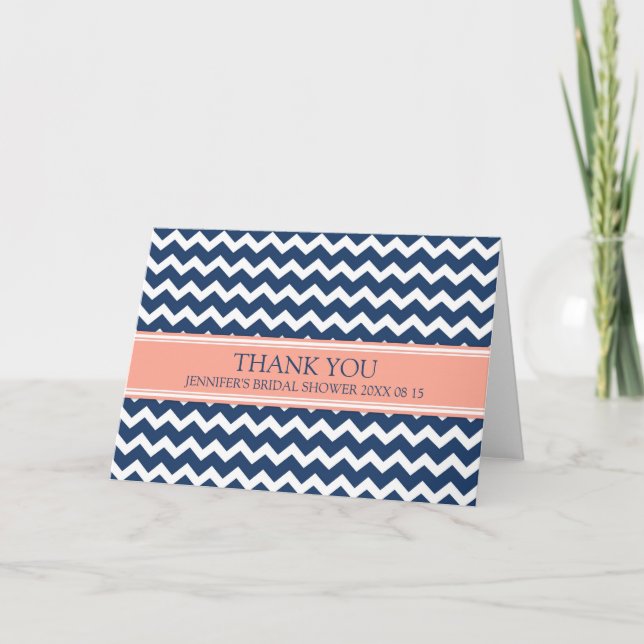 Coral Blue Chevron Bridal Shower Thank You Card (Front)