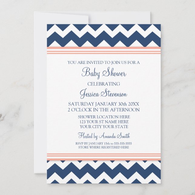 Coral Blue Chevron Custom Baby Shower Invitations (Back)