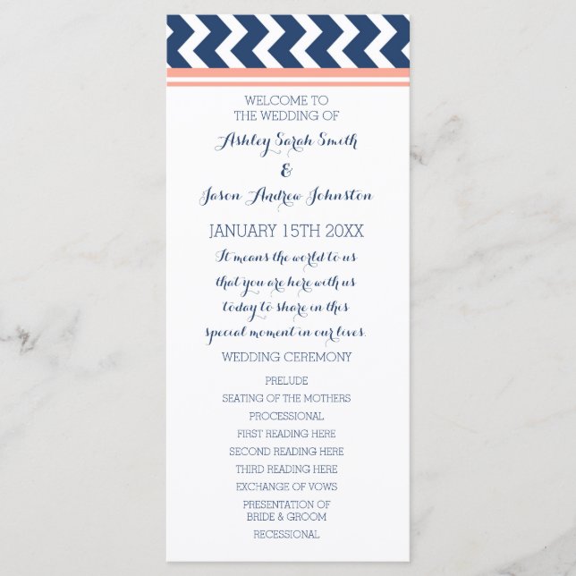 Coral Blue Chevron Wedding Program Programme (Front)