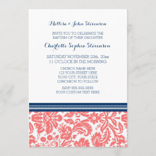 Coral Blue Damask Baptism Invitation