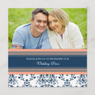 Coral Blue Damask Photo Wedding Vow Renewal Invitation