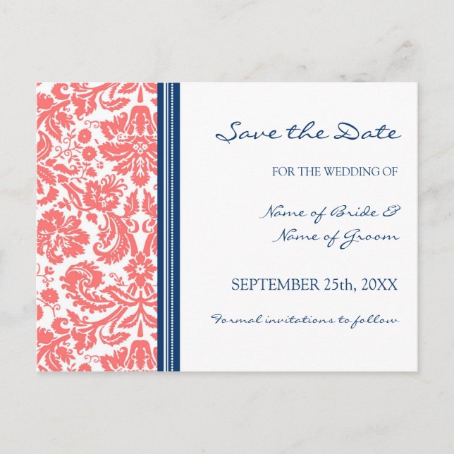 Coral Blue Damask Save the Date Wedding Postcard (Front)