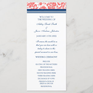 Coral Blue Damask Wedding Program Programme