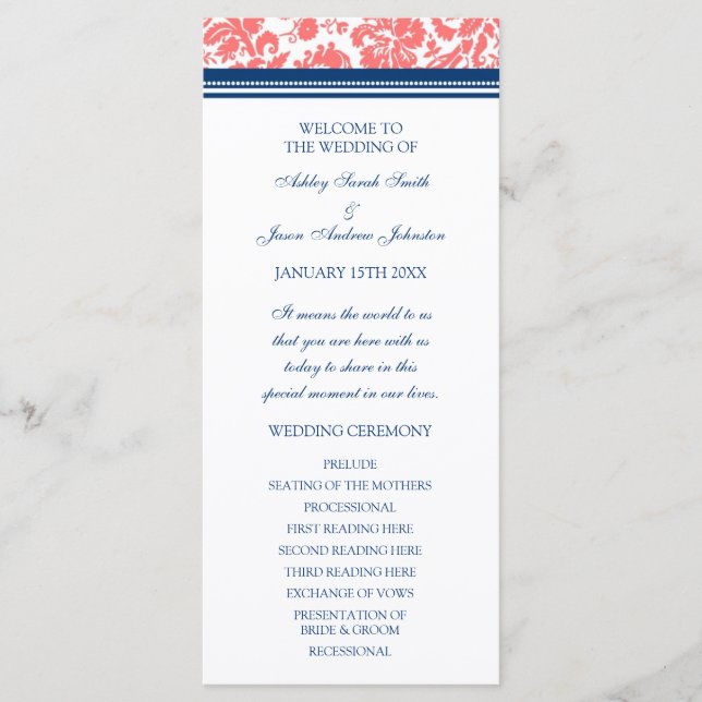 Coral Blue Damask Wedding Program Programme (Front)