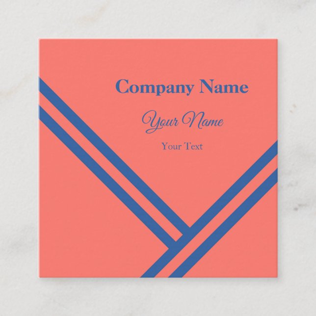 Coral Blue Diagonal Stripes Modern Graphic Design Square Business Card (Front)