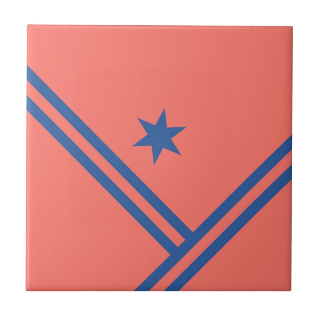 Coral Blue Diagonal Stripes Star Modern Graphic Tile (Front)