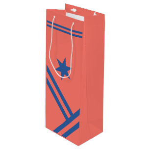 Coral Blue Diagonal Stripes Star Modern Graphic Wine Gift Bag