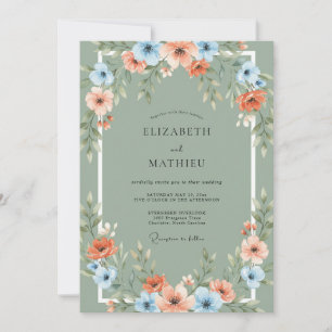 Coral Blue Floral Arch Wedding Invitation