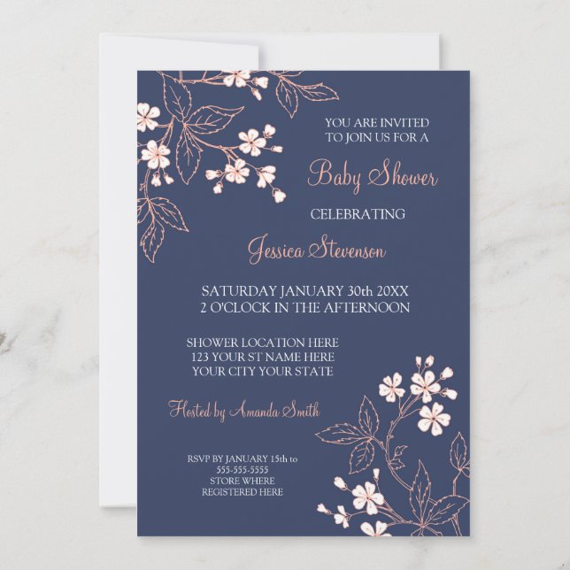 Coral Blue Floral Custom Baby Shower Invitations (Back)