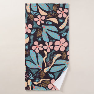 Coral Blue Floral Dark Print Bath Towel