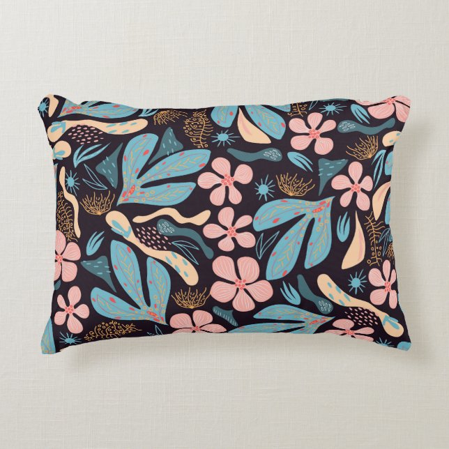 Coral Blue Floral Dark Print Decorative Cushion (Front)