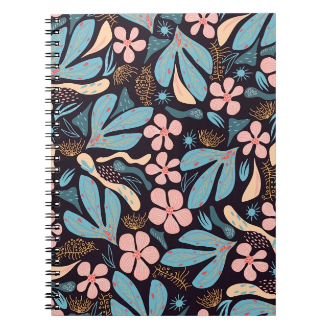 Coral Blue Floral Dark Print Notebook (Front)
