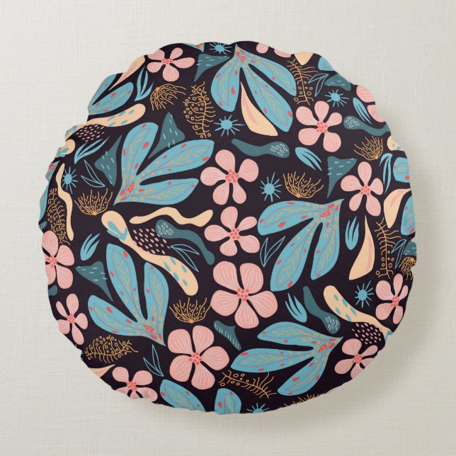 Coral Blue Floral Dark Print Round Cushion (Front)