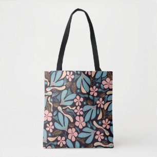 Coral Blue Floral Dark Print Tote Bag