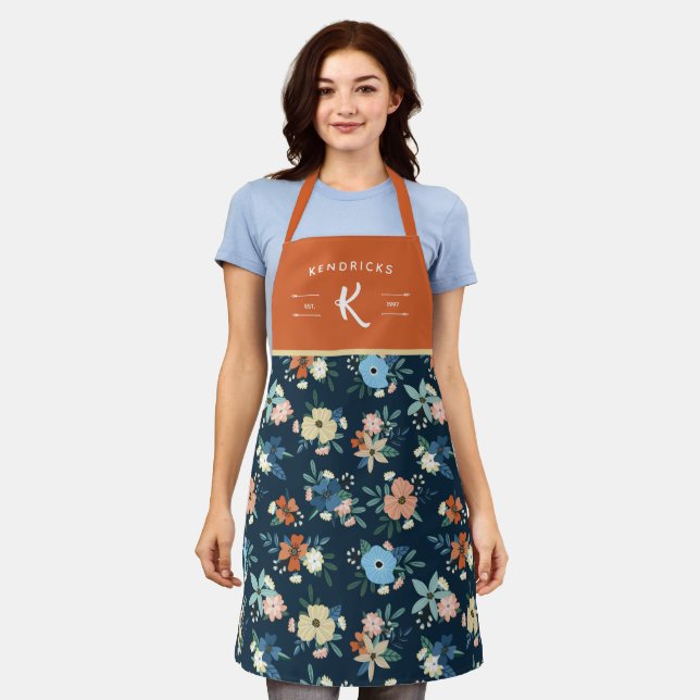 Coral & Blue Floral Pattern Family Monogram Apron (Worn)