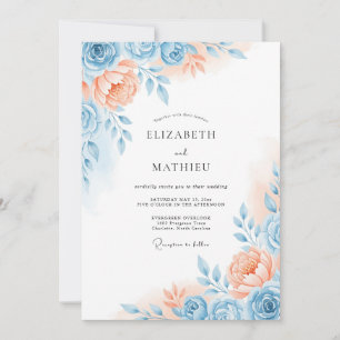 Coral Blue Floral Romance Wedding Invitation