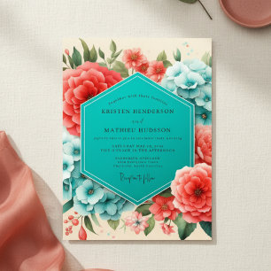 Coral Blue Floral Romance Wedding Invitation
