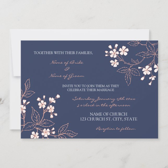 Coral Blue Floral Wedding Invitation Cards (Front)
