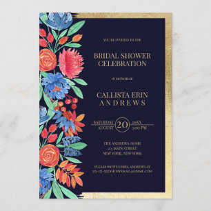Coral Blue Gold Floral Watercolor Bridal Shower Invitation