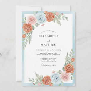 Coral Blue Graceful Botanical Wedding Invitation