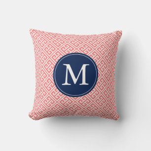 Coral Blue Greek Key Pattern Monogram Cushion