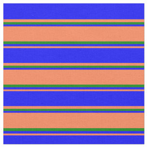 Coral, Blue & Green Striped Pattern Fabric