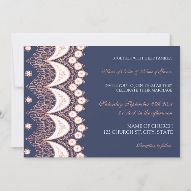 Coral Blue Lace Pattern Wedding Invitation Cards (Front)
