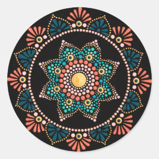 Coral Blue Mandala, Sacred Geometry Boho Ethnic Classic Round Sticker