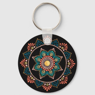 Coral Blue Mandala, Sacred Geometry Boho Ethnic Key Ring