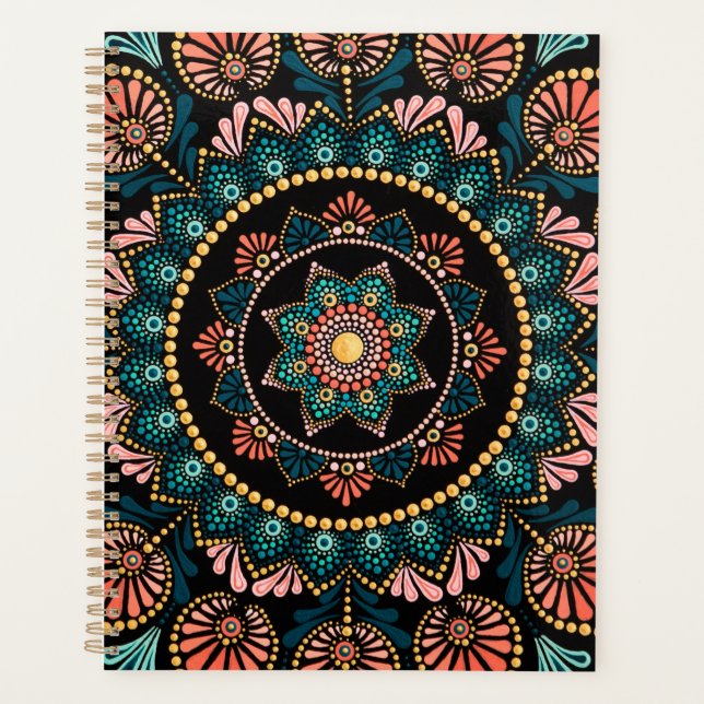 Coral Blue Mandala, Sacred Geometry Boho Ethnic Planner (Front)
