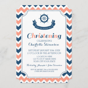 Coral Blue Nautical Custom Christening Invitations