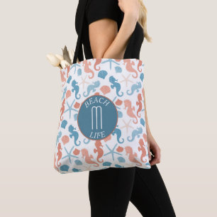 Coral Blue Nautical Monogram Pattern Tote Bag