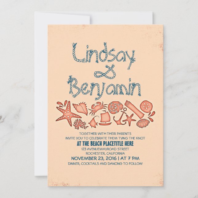 coral blue nautical seaside wedding invitations (Front)