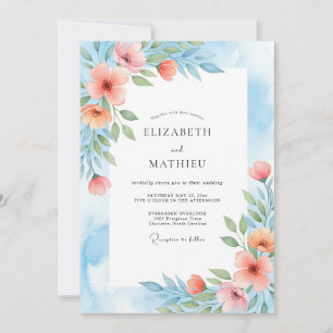 Coral Blue Painterly Botanical Wedding Invitation