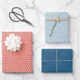 Coral Blue Polka Dot Stars Pattern Mix n Match Wrapping Paper Sheet