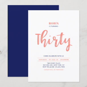 Coral & Blue Simple 30th Birthday Party Invitation