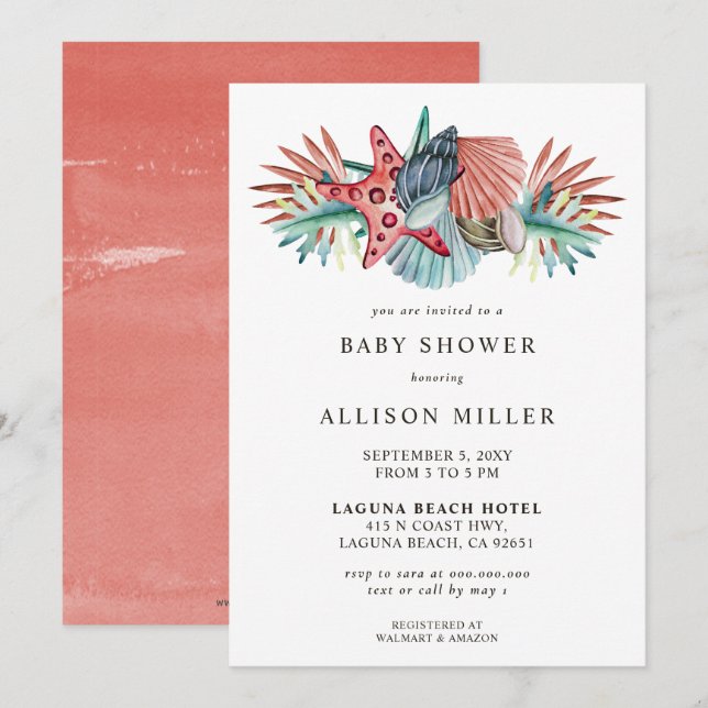 Coral Blue Starfish Seashells Beach Baby Shower  Invitation (Front/Back)