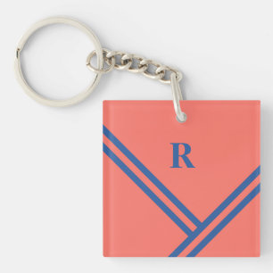 Coral Blue Stripes Trending Colours Monogram Key Ring
