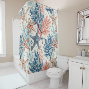 CORAL BLUE TAN STARFISH AND AQUATIC PLANTS SHOWER CURTAIN
